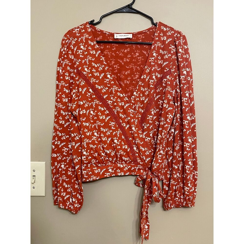 Lucky Brand Women’s Orange Floral V-Neck Wrap Blouse Medium